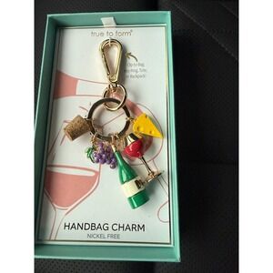 True To Form Wine and Cheese Handbag Charm Gold Tone Keychain New in Box